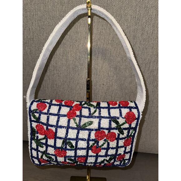 Hand Beaded Viral Cherry Checkered White Shoulder Evening Bag Coquette NWOT - Picture 2 of 5